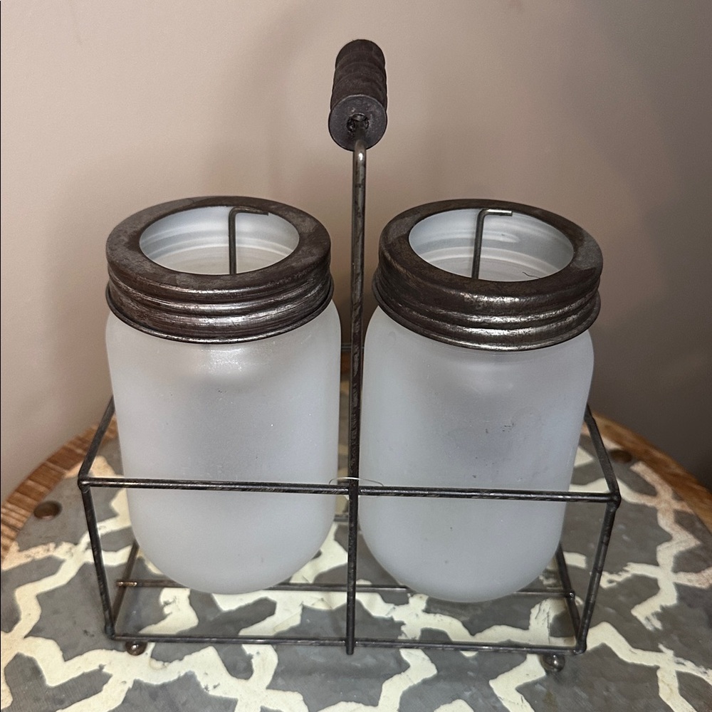 RAE DUNN Shine Bright Mason Jars Set Tea Light Holders Carrier Caddy Frosted - Picture 5 of 5